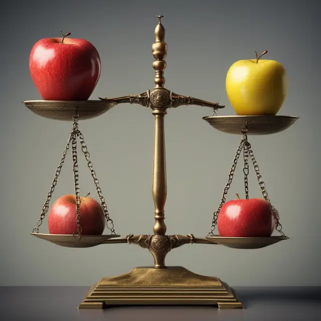 A set of scales with golden apples representing investments balanced against percentage bars, illustrating Regulation T