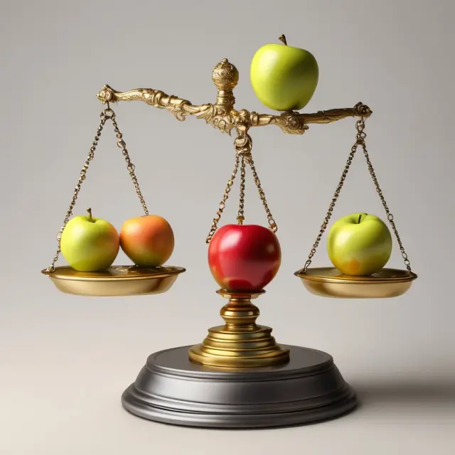 Gold coins and apples on a balance scale, illustrating the concept of buying power.