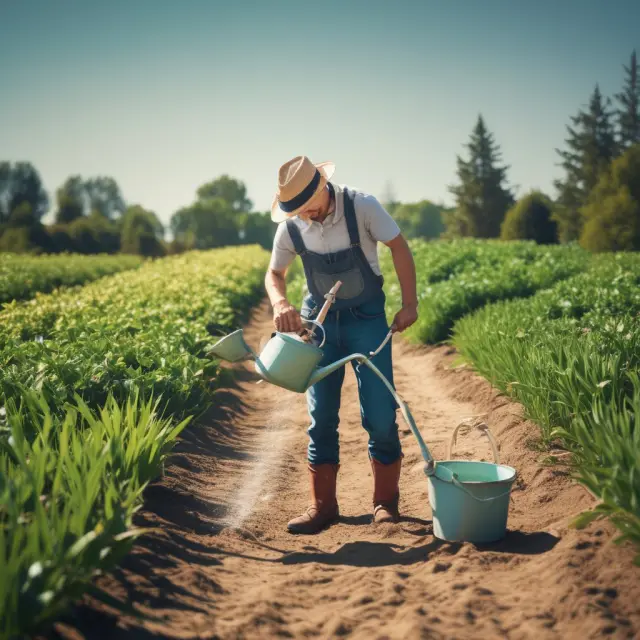 A gardener meticulously tends to a lush, thriving field, using a lever (representing leverage) to water and nurture the growing investments
