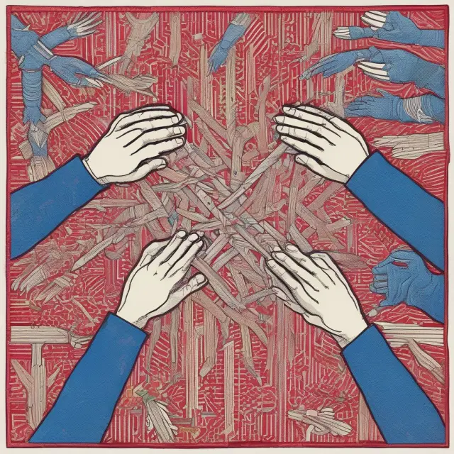 Old and new management teams collaborating, weaving a tapestry to depict the harmonious integration in a Buy-In Management Buyout