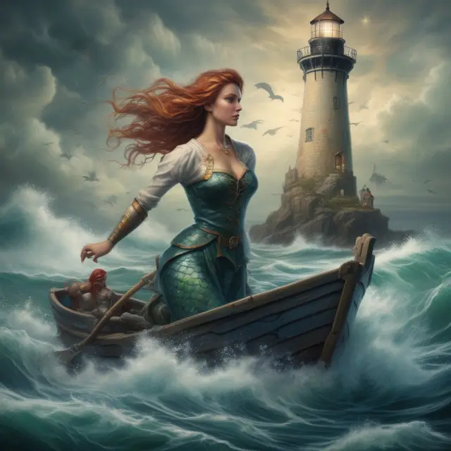 Mermaid symbolizes BIMBO, merging old and new management styles, guiding team through turbulent waters to lighthouse: effective communication & strong leadership