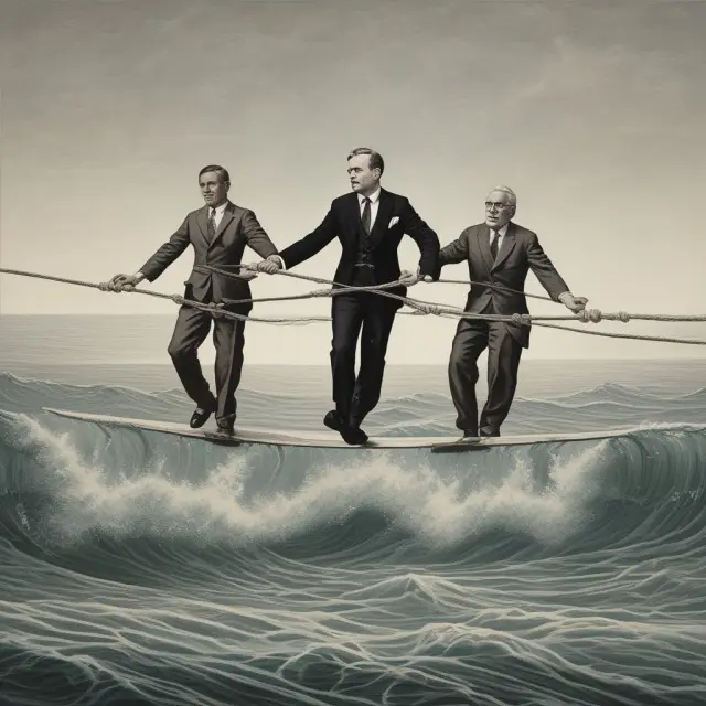 Two groups of managers balancing on a rope amidst choppy water, symbolizing potential conflicts and financial stress in a Buy-In Management Buyout.