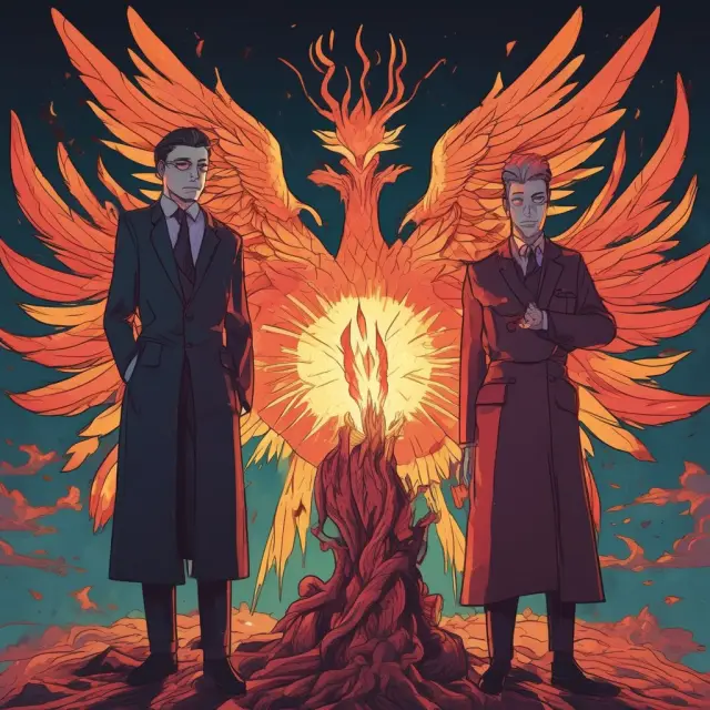 Phoenix figures symbolizing new management breathe life into a dying corporation during a Buy-In Management BuyOut (BIMBO)