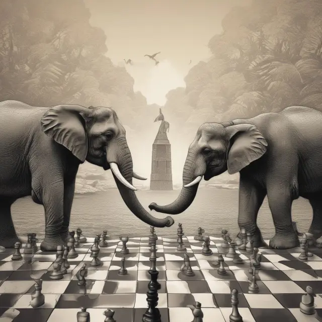 An engaging scene of MBO managers and LBO elephants negotiating buyouts on a chessboard, symbolizing different types of private equity firms.