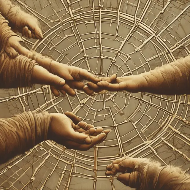 A golden compass with hands weaving a complex web depicts the intricacies of successful buyouts and their far-reaching impact on companies.