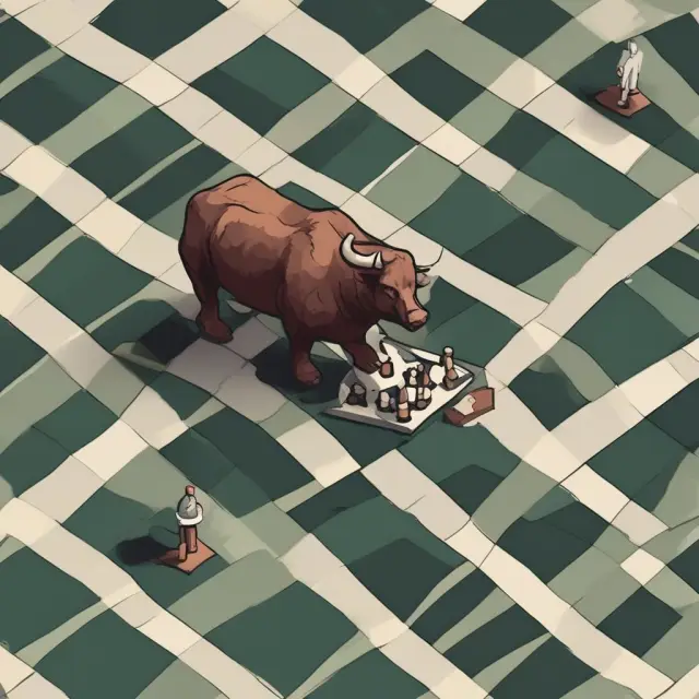 A buy-side bull confidently acquiring underpriced assets from sell-side bears in a thriving financial marketplace