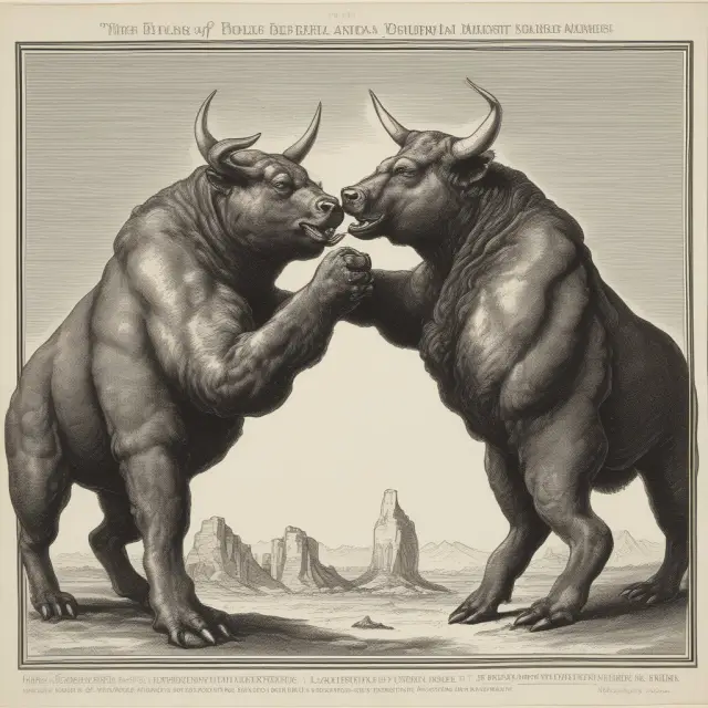 A bull (buy-side) and bear (sell-side) engaging in a balanced dance, maintaining market equilibrium