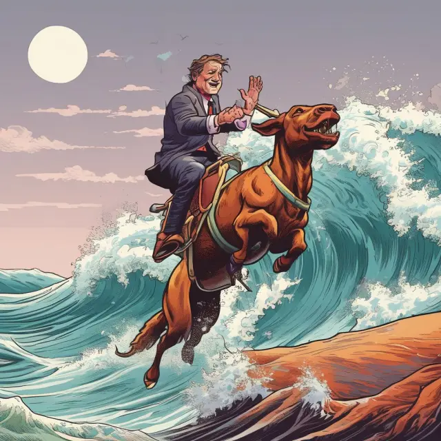 A bull rides a wave of rising stocks, symbolizing buy stop orders for bullish traders securing entry at resistance levels