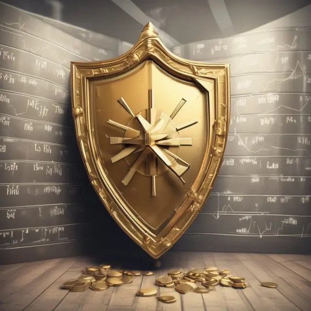 A golden shield floating above a financial graph, illustrating buy stop orders