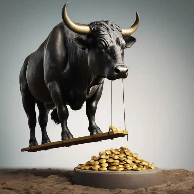 A bull hesitates as gold coins slide off a see-saw scale, representing the risks of additional costs and slippage with buy stop orders.