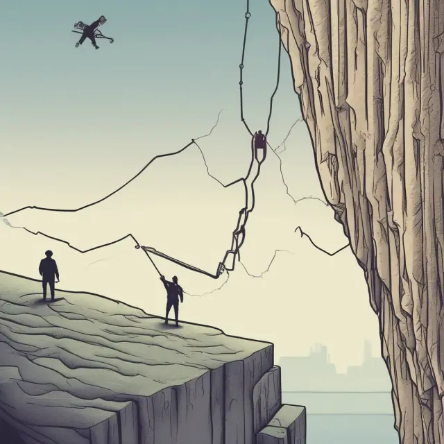 An investor on the edge of a cliff looks up at a soaring short sold security graph, grasping for a buy to cover order as a means to minimize losses.