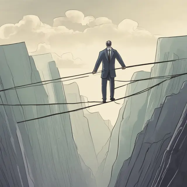 An investor precariously balancing on a tightrope above a deep financial abyss, with stop-loss orders represented as lifebuoys beneath them to minimize potential losses