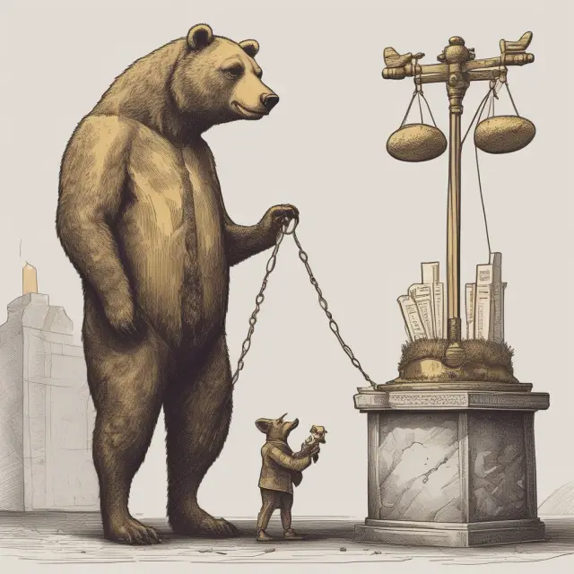 Short seller considering buy to cover as he weighs potential losses against gains on a golden scale.