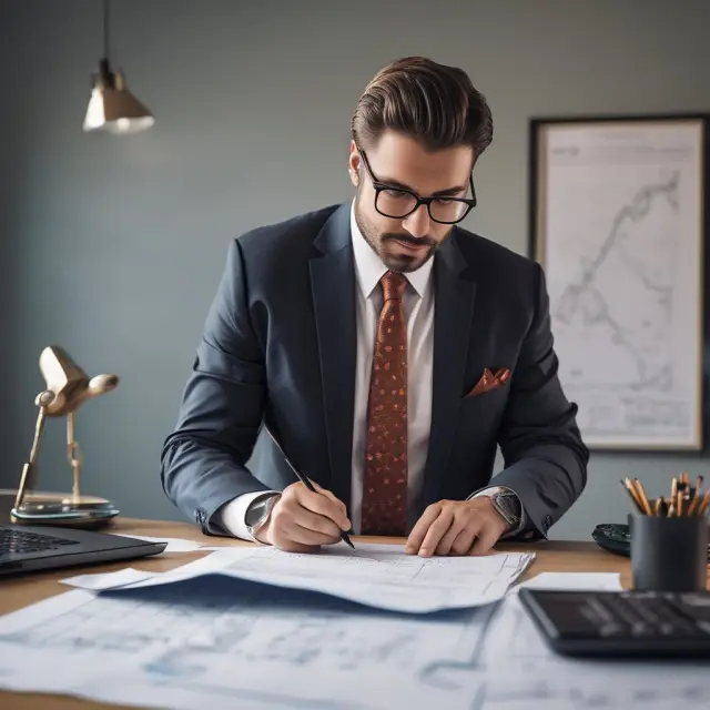 A bullish trader studying a blueprint while opening a briefcase, symbolizing the process of placing a buy-to-open order and exploring new investment opportunities
