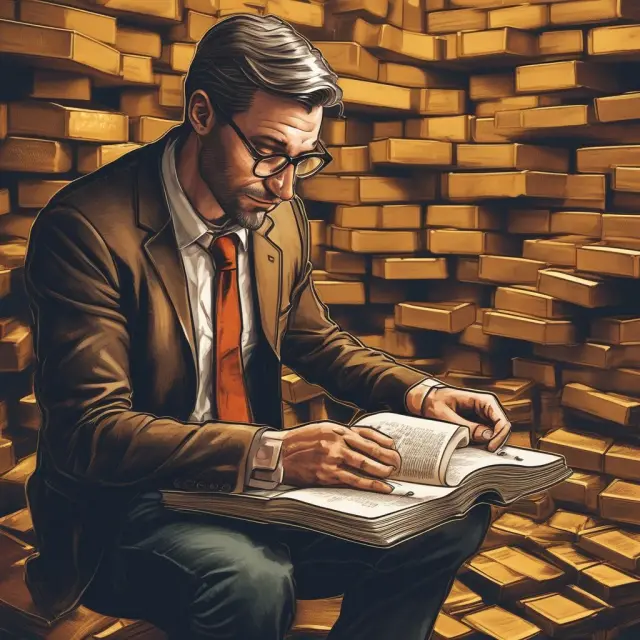 A bullish investor opens a large, golden book adorned with call option contracts and real gold bars