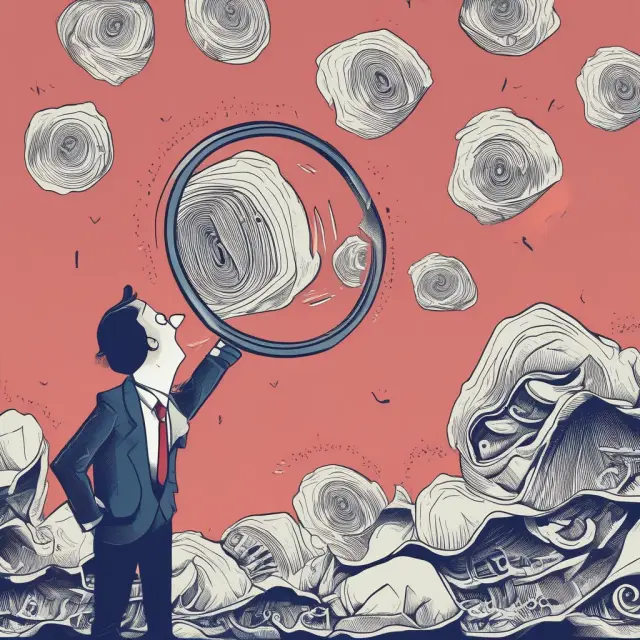 An investor examines a shrinking pile of stock shares through a magnifying glass, symbolizing the concentration of net asset value among fewer investors and increased BVPS via repurchases