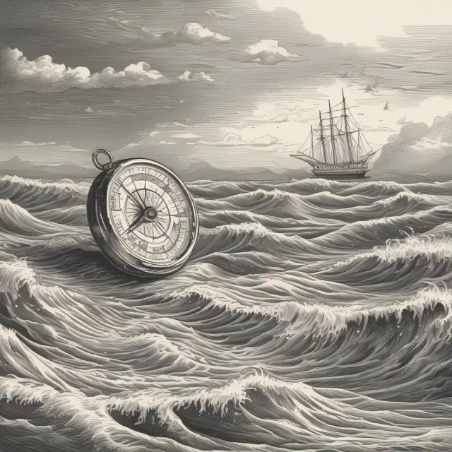 A compass with a book symbol pointing towards a fleet of ships representing stocks, emphasizing BVPS as a navigation tool.