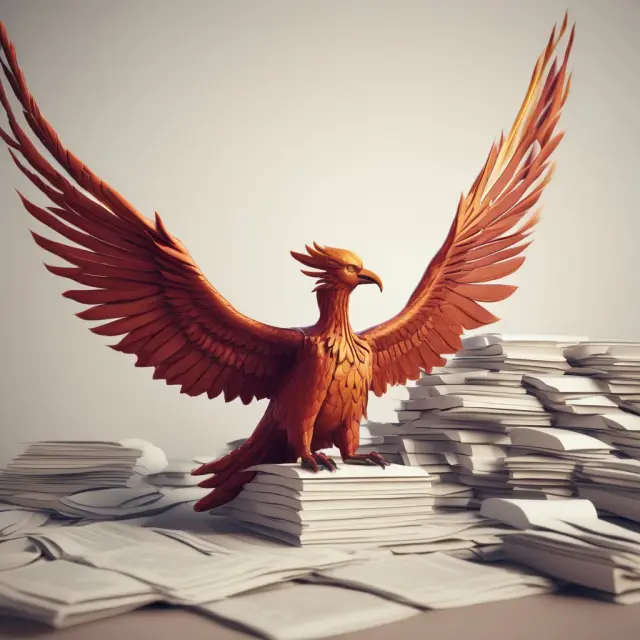 A phoenix emerging from a pile of legal papers represents the formation of a C Corporation, illustrating rebirth and new beginnings in business.