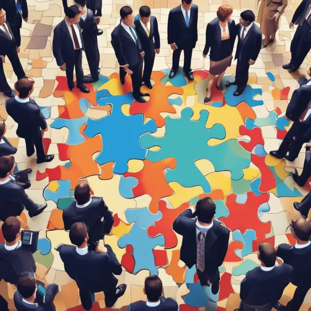 C-suite executives, represented by puzzle pieces, coming together to form a cohesive and balanced team, symbolizing a company