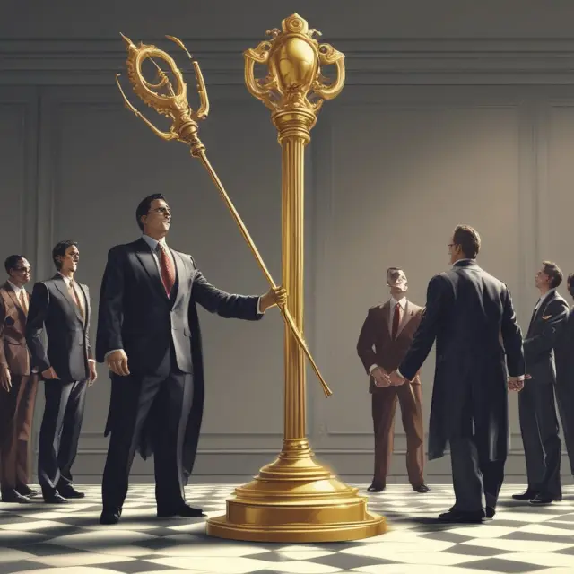 Golden scepters symbolizing power for various C-Suite executives: CEO, CFO, COO, CIO, and CMO.