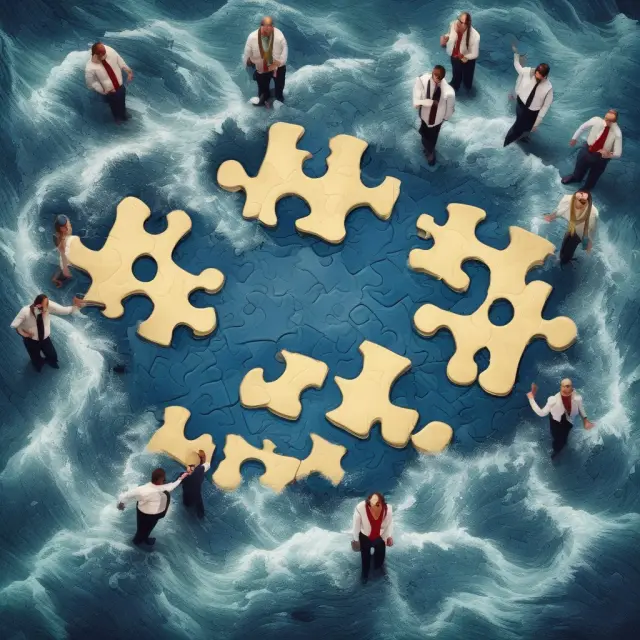 C-suite members collaborating on a stormy sea to navigate crises through unity and effective strategies