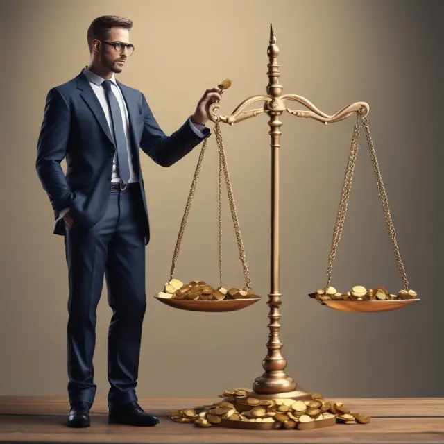 An investor examining the compound annual growth rates (CAGR) of two piles of golden coins, symbolizing investment performance comparison.