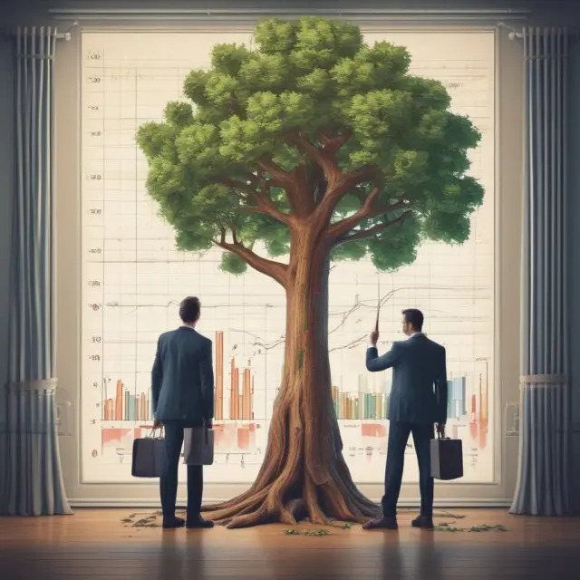 Two investors analyzing CAGR performance of their investments using growing trees: one tree taller symbolizes superior investment growth.