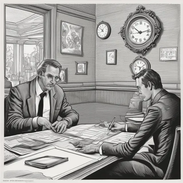 Two traders engaged in financial negotiations: one examines a call option contract, while the other takes part in a call auction, illustrating the parallel concepts of call options and call auctions.