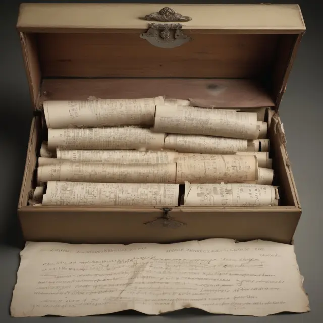Time capsule containing rolled-up parchment scrolls, each inscribed with a canceled check record