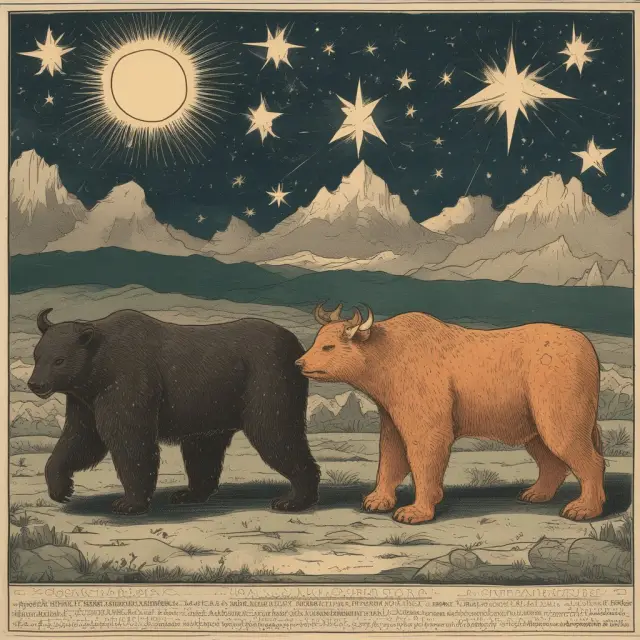 Two celestial beings (bear and bull) sleeping on a candlestick chart. Evening Star pattern wakes up the bear, while Morning Star rouses the bull.