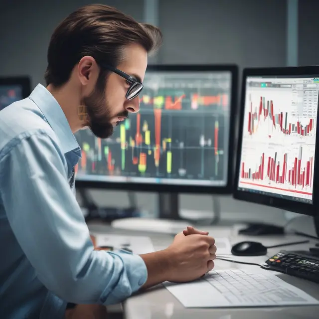 A trader meticulously analyzing multiple candlestick charts, with software tools supporting advanced techniques on various timeframes