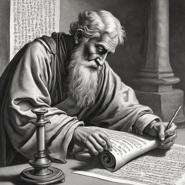 An elderly trader studying intricate candlestick charts on an ancient scroll, revealing valuable insights for financial gains