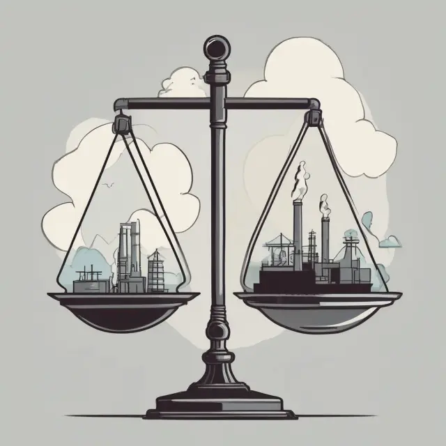 An image of a balance scale with clean technologies represented by green leaves and a smokestack symbolizing industrial emissions. The title 