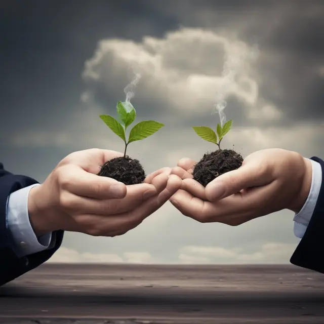A visualization of cap and trade and carbon tax represented by two balanced hands. Cap-and-trade in one hand shows the trading of emissions credits, while a tax symbol sits in the other hand.