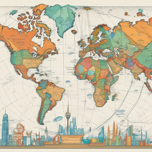 Global collaboration through technology in cap and trade, represented by interconnected countries on a globe surrounded by monitoring systems, renewable energy, and carbon capture technologies.