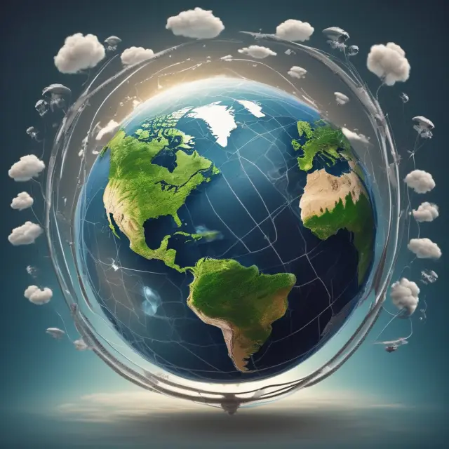 A vibrant image of carbon emissions depicted as swirling particles congregating towards a global cap and trade marketplace, illustrating the international collaboration to reduce emissions.