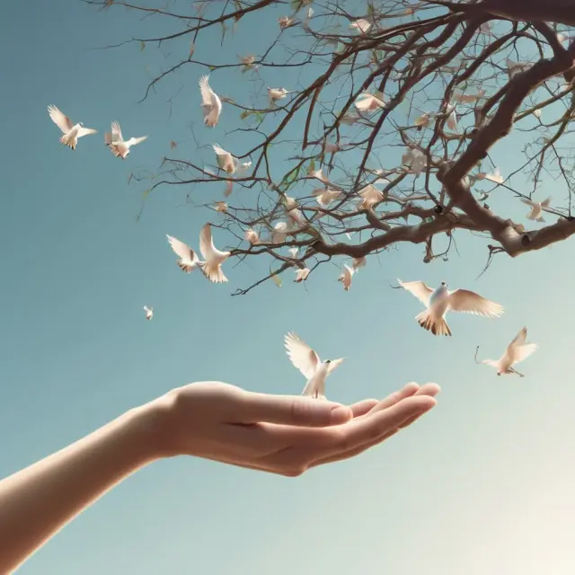 Image of a hand releasing doves from a tree filled with cap and trade branches, symbolizing sustainable investments for a greener future