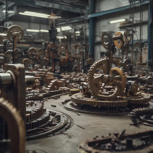 A visual representation of various business models calculating their capacity utilization rates on an industrial factory floor, with gears and cogs symbolizing production efficiency.