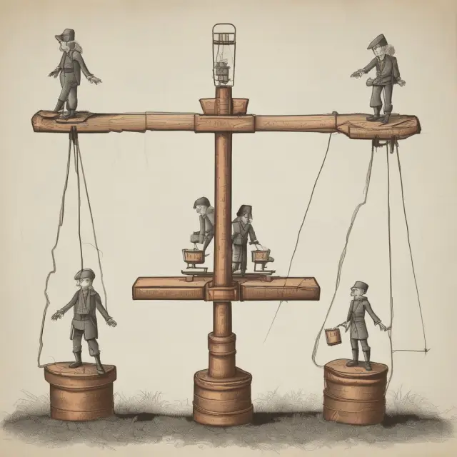 A large seesaw represents the economy, with a lever on each side for monetary policy and capacity utilization rates. The balance of these levers determines economic stability.