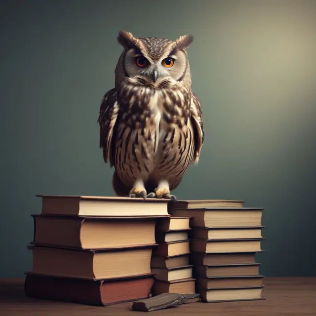 A wise owl calculates the CAPE ratio for investment decisions using a stack of books representing 10-year company earnings records.