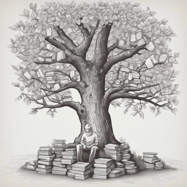 An investor examining the CAPE ratio under a tree of knowledge with piles of financial data