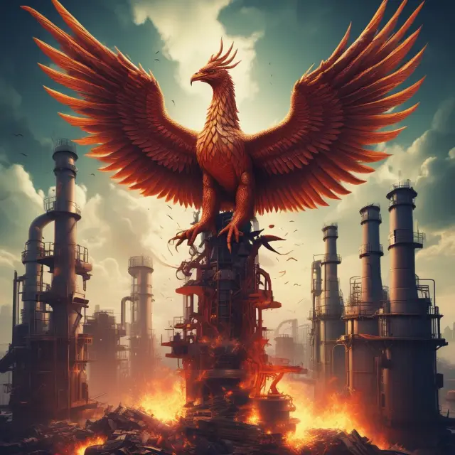 Phoenix rising from a pile of machinery, signifying business growth and expansion through capital investments