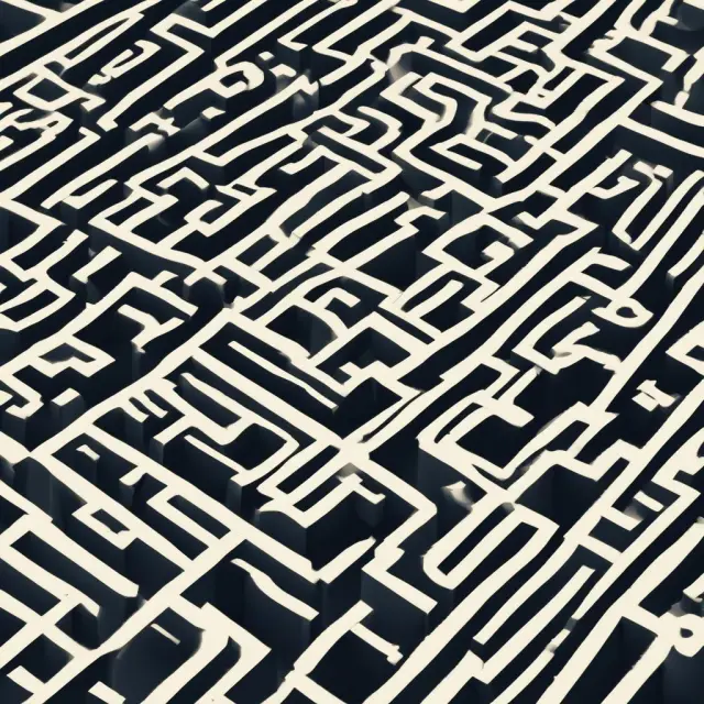 A business person traversing through a maze, surrounded by symbols representing bank loans, venture capital, equity crowdfunding, angel investors, grants, and debt financing.