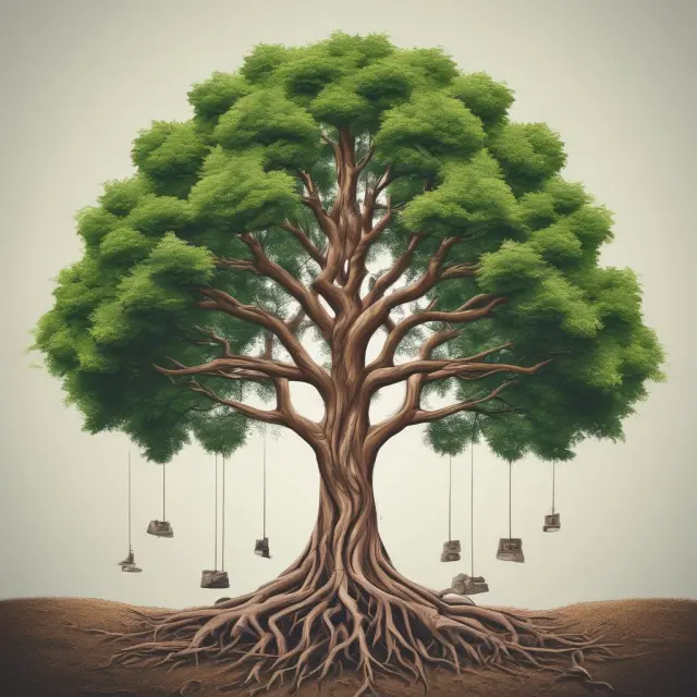 An image of a tree with capital investments represented by deep roots and operating expenses as leaves