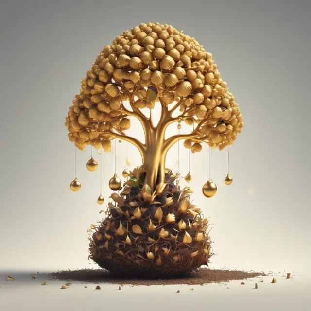 An oak tree growing from a golden acorn, illustrating the potential of capital investments to foster long-term business growth