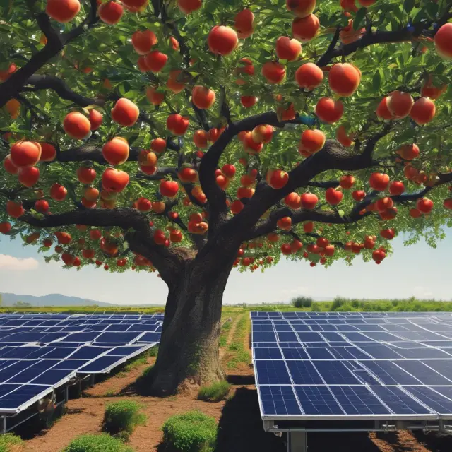 An apple tree blooming with apples, solar panels, and machinery represents various capital investments in business growth
