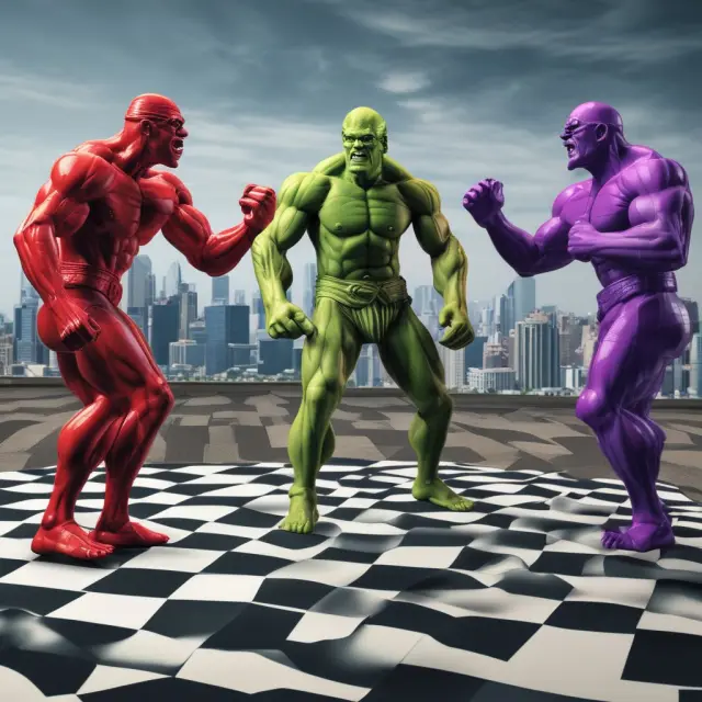 Three financial research platforms symbolizing S&P Capital IQ, Bloomberg Terminal, and FactSet engage in a metaphorical battle on a checkered battlefield