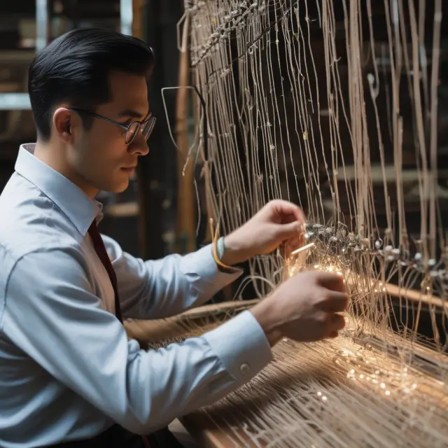An investor skillfully integrating S&P Capital IQ data into their investment workflow, represented by threads being woven into a loom