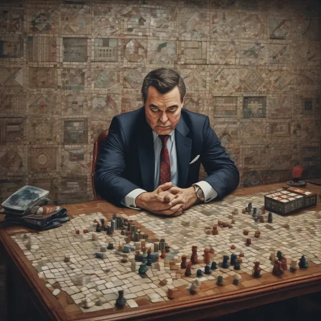 An investor sitting at a table with a mosaic of capital gains and losses, contemplating strategy to utilize capital loss carryforwards