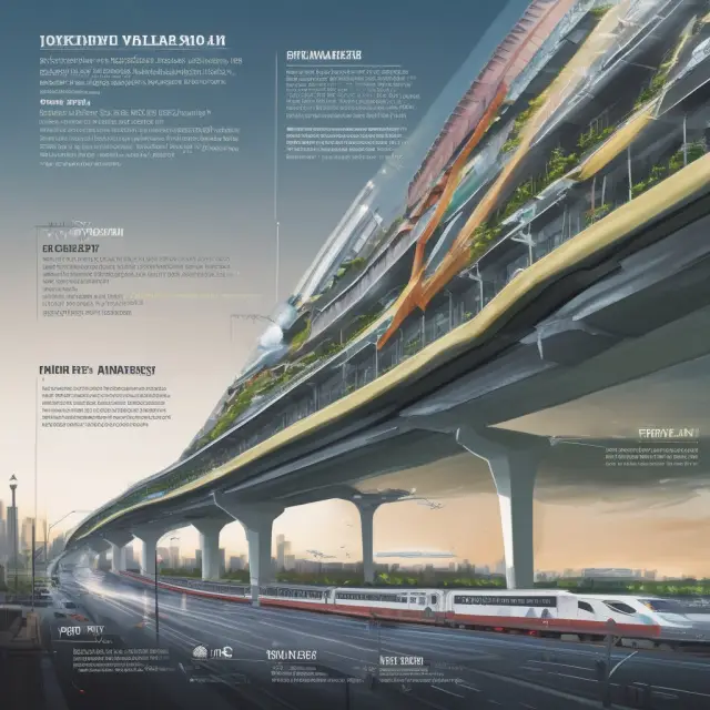 A visualization of landmark capital projects: a highway expansion with construction machinery, a manufacturing plant with workers, and a high-speed railway with trains.